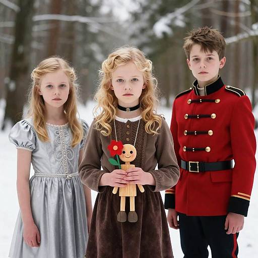Children in a Snowy Forest Scene