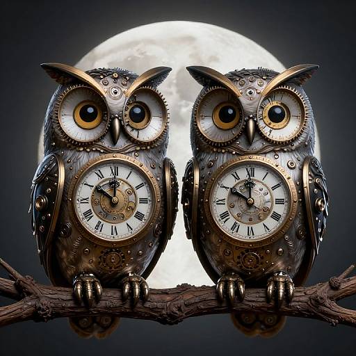 Clockwork Owls Under Full Moon