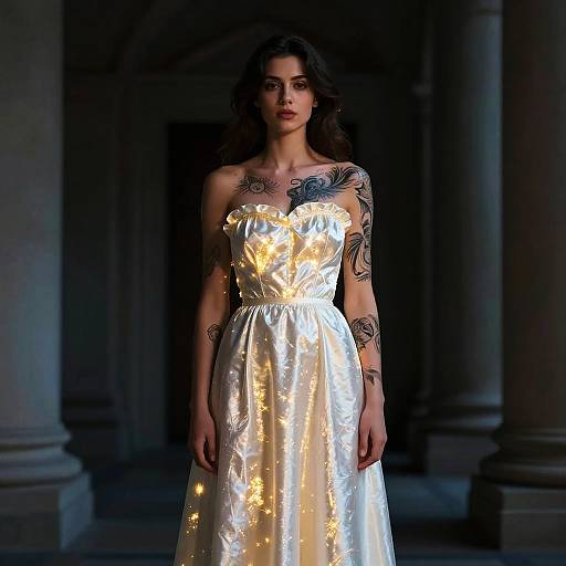 Photograph of a dark-haired woman in a glowing, strapless white dress with floral tattoos, standing in a dimly lit, columned hall.