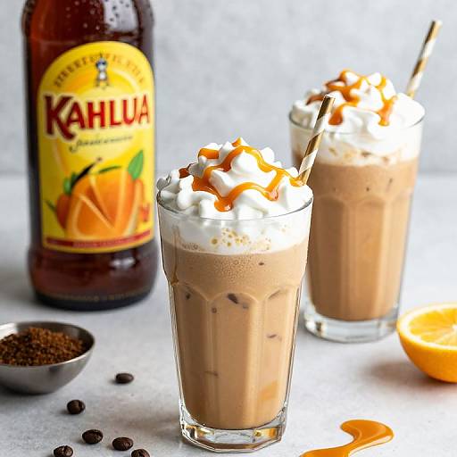 Photograph of two glasses of Kahlua milkshake topped with whipped cream and orange syrup, beside a dark brown Kahlua bottle.