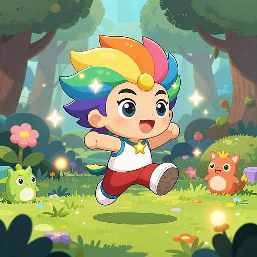 Vivid Rainbow-Haired Cartoon Character