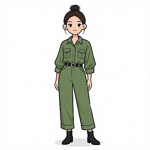 Smiling Woman in Olive Green Jumpsuit