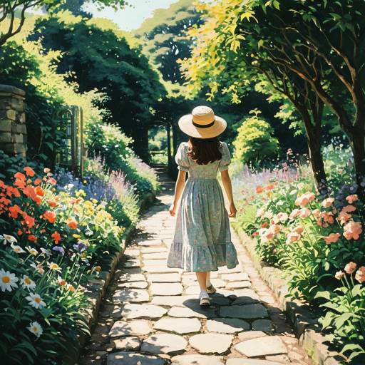 Woman Walking in Sunny Garden Path