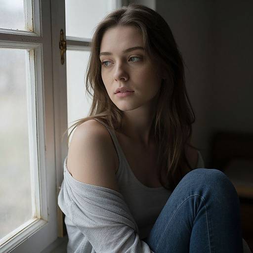 Photograph of a pensive young woman with fair skin, brown hair, and blue eyes, sitting by a sunlit window in a white tank top
