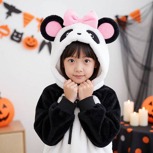 Photograph of an Asian child with black hair, wearing a black-and-white panda hooded onesie, hands near face, in a Halloween-themed room