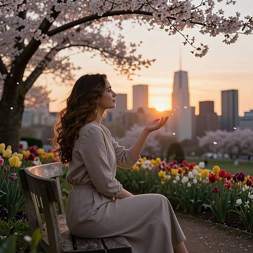 Photograph: Woman with wavy brown hair in beige dress, sitting on bench, holding glowing flower petals; cherry blossom tree, city skyline at sunset