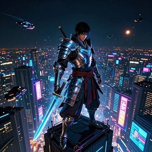 Anime-style illustration of a samurai in silver armor with a glowing blue sword, standing on a rooftop over a neon-lit, futuristic cityscape at