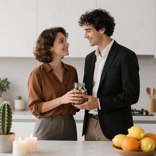 Smiling Couple in Cozy Kitchen Scene