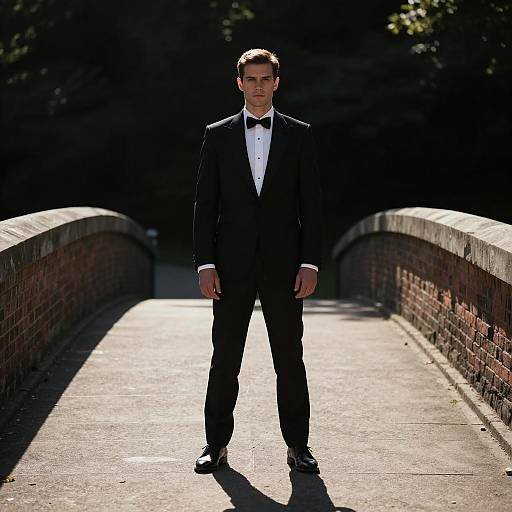 Silhouette of Man in Tuxedo on Bridge