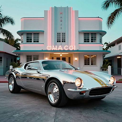 Photograph of a shiny, silver, classic convertible with a yellow stripe, parked in front of a neon-lit, Art Deco-style building at