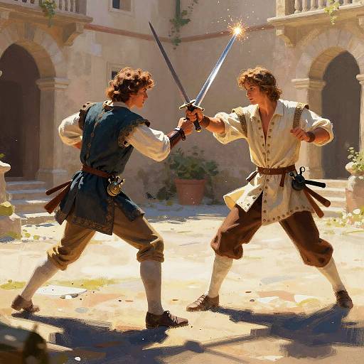 Digital painting of two medieval warriors dueling with swords in a sunlit courtyard, wearing vests, pants, and boots, surrounded by ancient architecture.