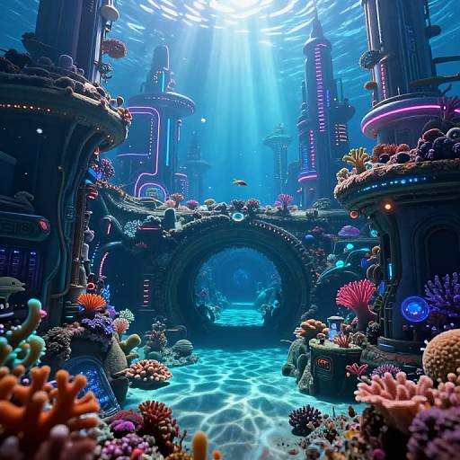 Digital CGI artwork of an underwater futuristic city with neon-lit, cylindrical structures, vibrant coral, and illuminated water beams.