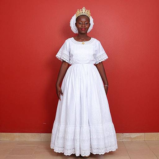 Photograph of a dark-skinned woman in a white lace dress and gold crown, standing against a vibrant red wall.