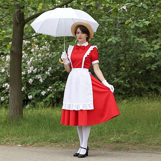 Vintage Woman in Red Dress Outdoors