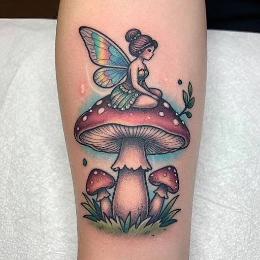 Colorful fairy tattoo with rainbow wings, seated on large red mushroom, surrounded by smaller mushrooms, green leaves, and a soft blue glow.