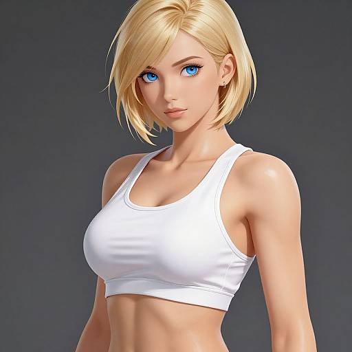 Digital art of a blonde woman with blue eyes, wearing a white sports bra, showcasing a slim, toned physique against a dark gradient background.
