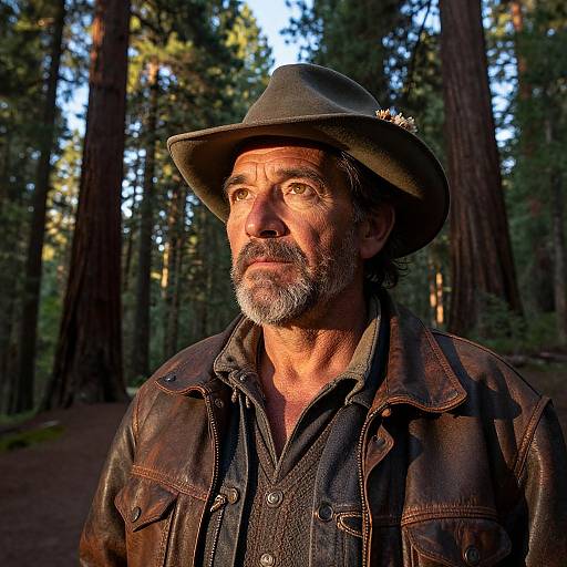 Photograph of a rugged, middle-aged man with gray beard and mustache, wearing a brown leather jacket and hat, standing in a sunlit forest
