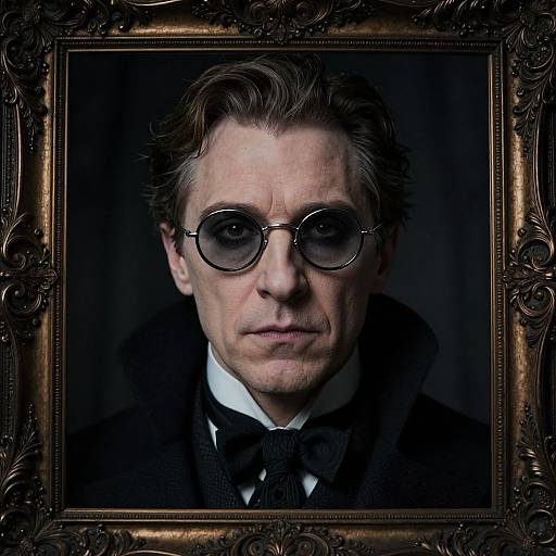 Photograph of a serious middle-aged man with grey hair, round glasses, black suit, and bow tie, framed in an ornate gold frame.