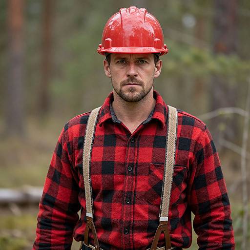 Photograph of a bearded man in a red hard hat, red and black plaid shirt, and suspenders, standing in a forest.
