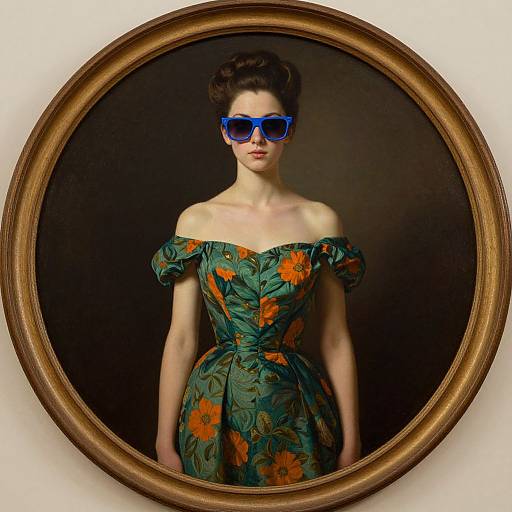 Photograph of a fair-skinned woman with dark updo, wearing blue sunglasses, off-shoulder green floral dress, and standing against dark background