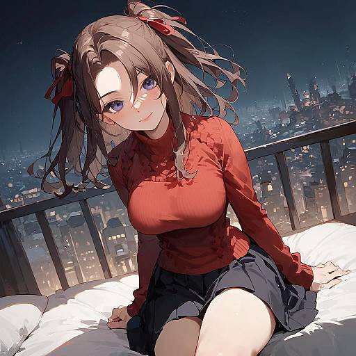 Anime Girl in Red Sweater at Night
