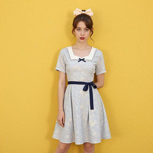 Photograph of a young woman with fair skin, dark brown hair in a bun, wearing a white polka dot dress with black bow, black belt