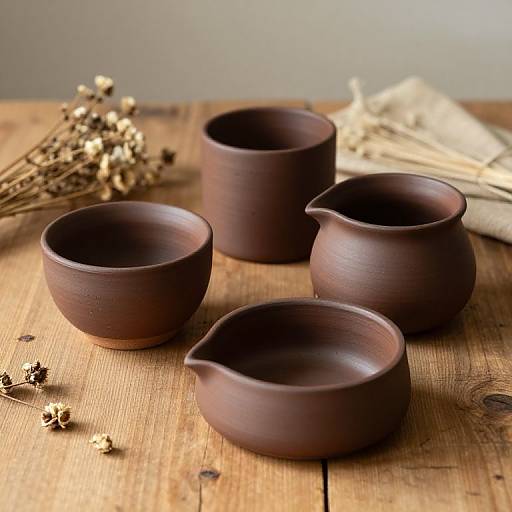 Photograph of four rustic, dark brown ceramic bowls on a wooden table, with dried wheat and a beige cloth in the background.