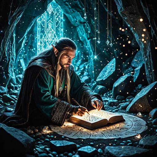 Elven Scholar Studying Runes in Crystal Cavern