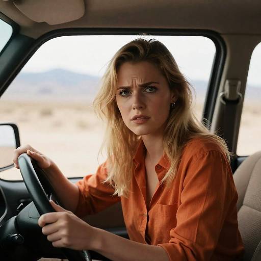 Blonde Woman Driving Through Desert Landscape