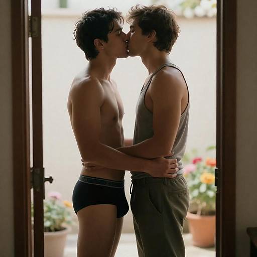 Passionate Kiss in a Dimly Lit Doorway