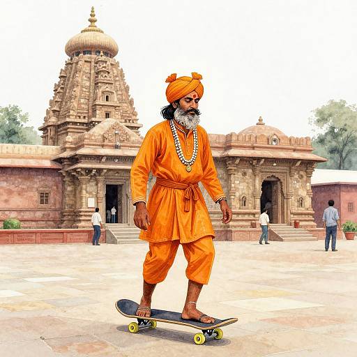 Photograph of an Indian man with a beard, orange turban and outfit, riding a skateboard in front of a historic Hindu temple.
