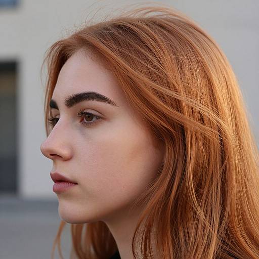Close-up photograph of a young woman with fair skin and long, wavy, reddish-orange hair. She has dark eyebrows, subtle makeup, and