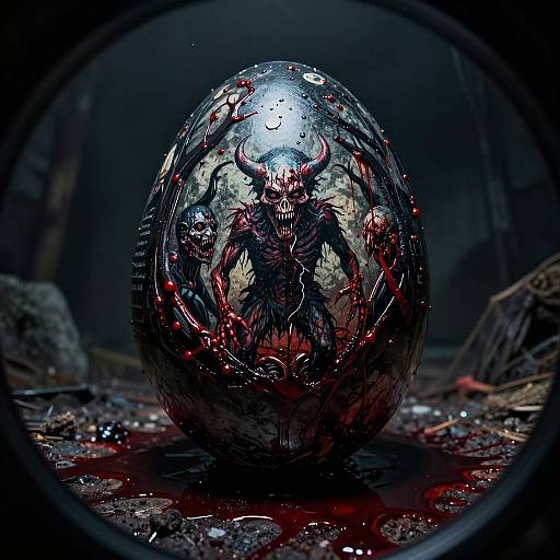 Dark, ominous CGI image of a shiny, blood-streaked crystal ball with a menacing, horned demon face, surrounded by blood and debris,