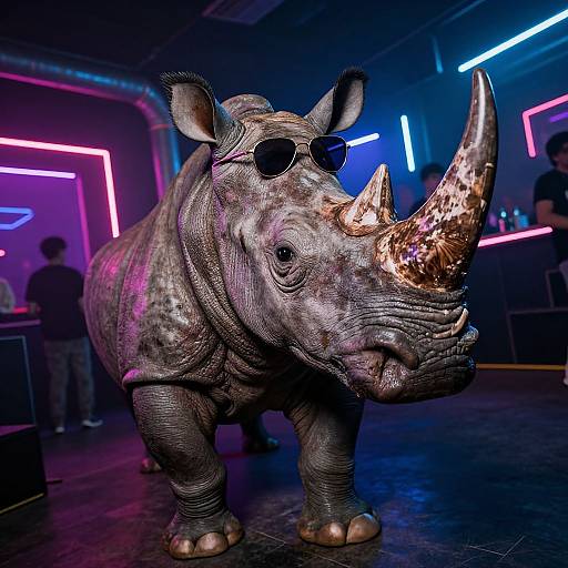 Photograph of a life-sized rhinoceros costume with sunglasses, standing in a neon-lit club, illuminated by pink and blue lights.
