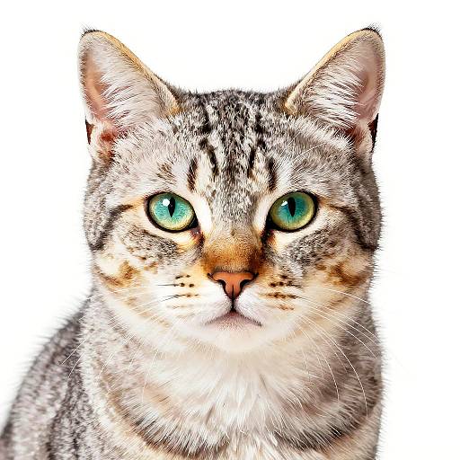Close-up photograph of a tabby cat with bright green eyes, white and gray fur, and a focused expression against a white background.