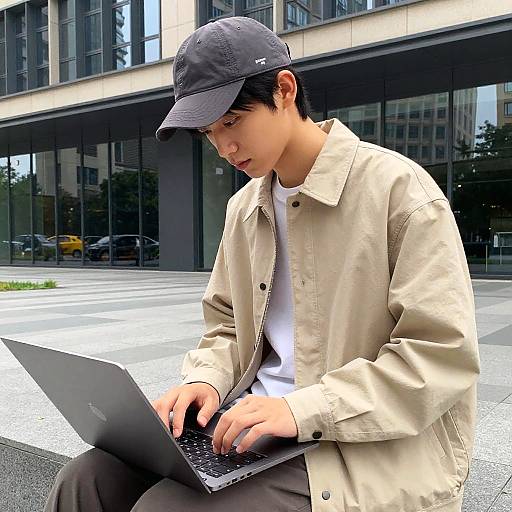 Young Man Working Outdoors in City