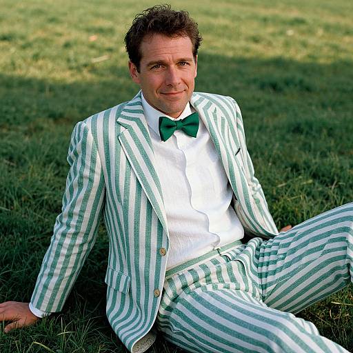 Photograph of a smiling man with short dark hair, wearing a green and white striped suit, white shirt, and green bow tie, sitting on green