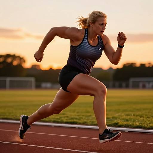 Photograph of a muscular blonde woman in a blue athletic tank top and black shorts running on a track at sunset.