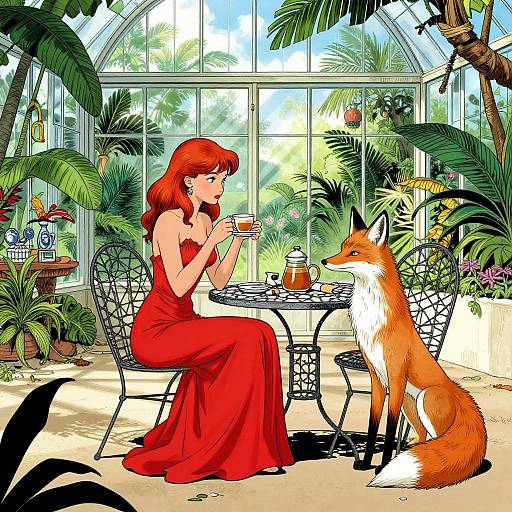 Digital illustration: Red-haired woman in red dress sipping tea with a fox in a lush, sunlit greenhouse filled with plants.