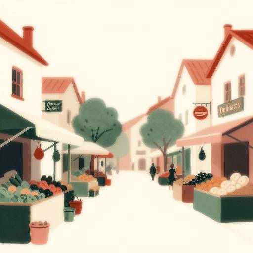 Digital illustration of a bright, colorful, European-style market street with red-roofed buildings, green trees, potted plants, and shoppers.