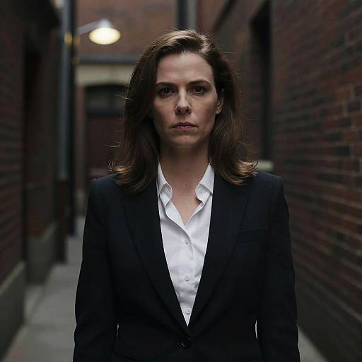 Photograph of a serious, middle-aged woman with long brown hair, wearing a black blazer over a white shirt, standing in a narrow, dim