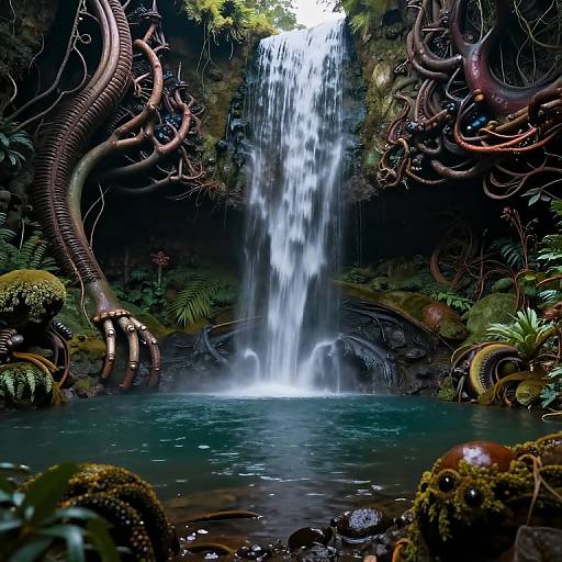 Photorealistic CGI of a lush jungle waterfall with alien-like tentacles, green moss, and ferns surrounding a clear, turquoise pool.