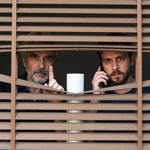 Two Men Observing Through Wooden Blinds