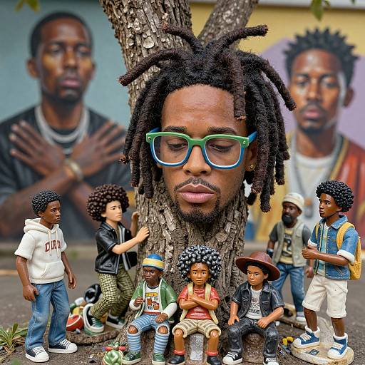 Photograph of a tree with a black man's face superimposed, wearing green glasses, surrounded by small, detailed black doll figures, against a