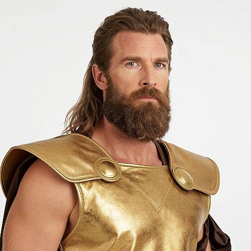Photograph of a bearded, blue-eyed man with long brown hair, wearing a shiny gold, shoulder-plate armor against a white background.