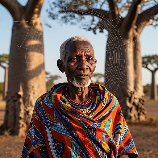 Photograph of an elderly African man with dark skin, white hair, and beard, wearing a vibrant, patterned traditional garment, standing under a large
