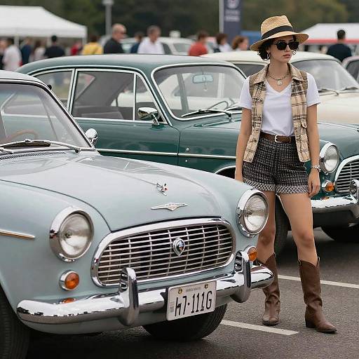Photograph of stylish woman in white shirt, plaid vest, black checkered skirt, brown boots, straw hat, and sunglasses standing beside vintage blue