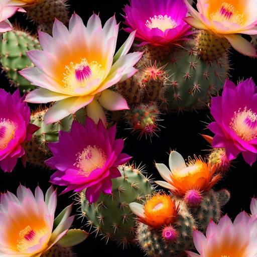 Vibrant Cactus Blossoms on Black Background
