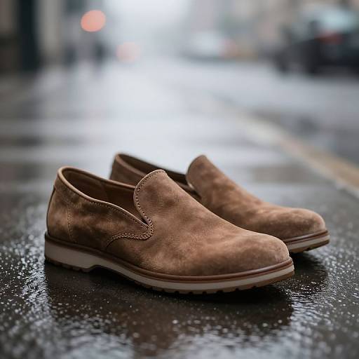 Earthy Street Footwear on Rainy Pavement