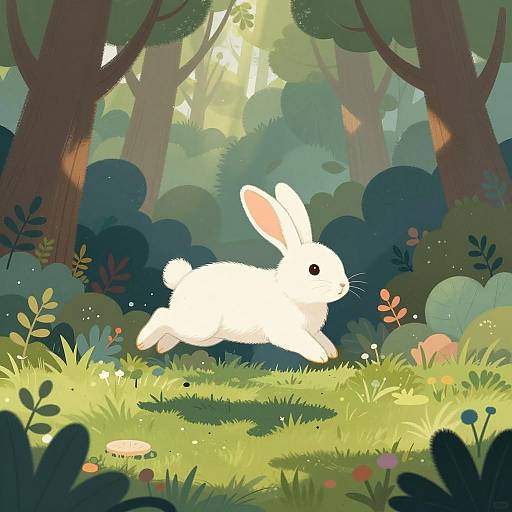White Rabbit Leaping in Mystical Forest